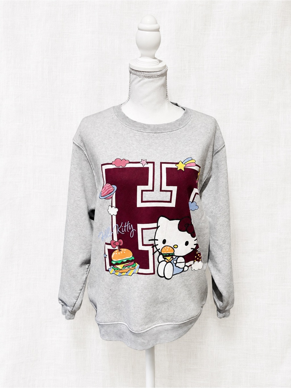 Hello Kitty Gray Sweatshirt with Maroon Letter and Multicolor Graphic
